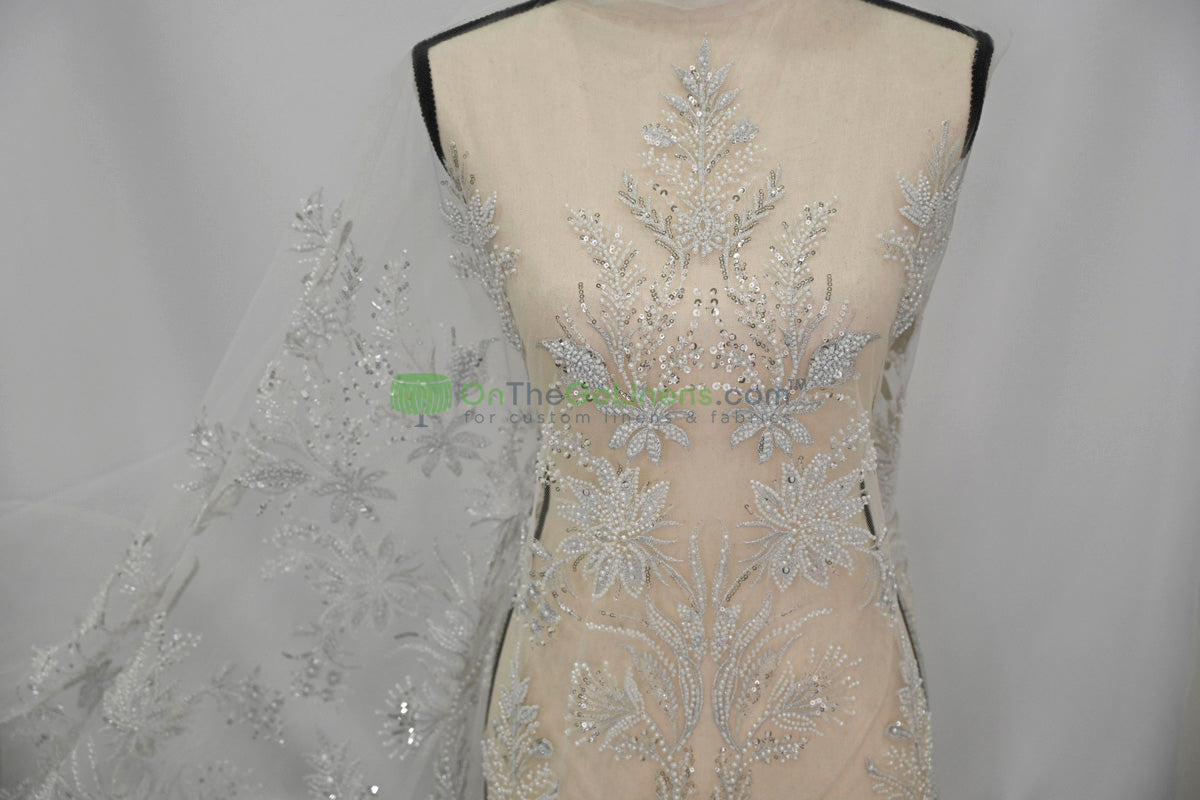 Beaded Lace Design 8489 | French Mesh Embroidery | Wedding White | 54" Wide | Bridal Fabric