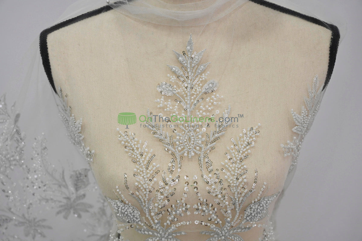Beaded Lace Design 8489 | French Mesh Embroidery | Wedding White | 54" Wide | Bridal Fabric