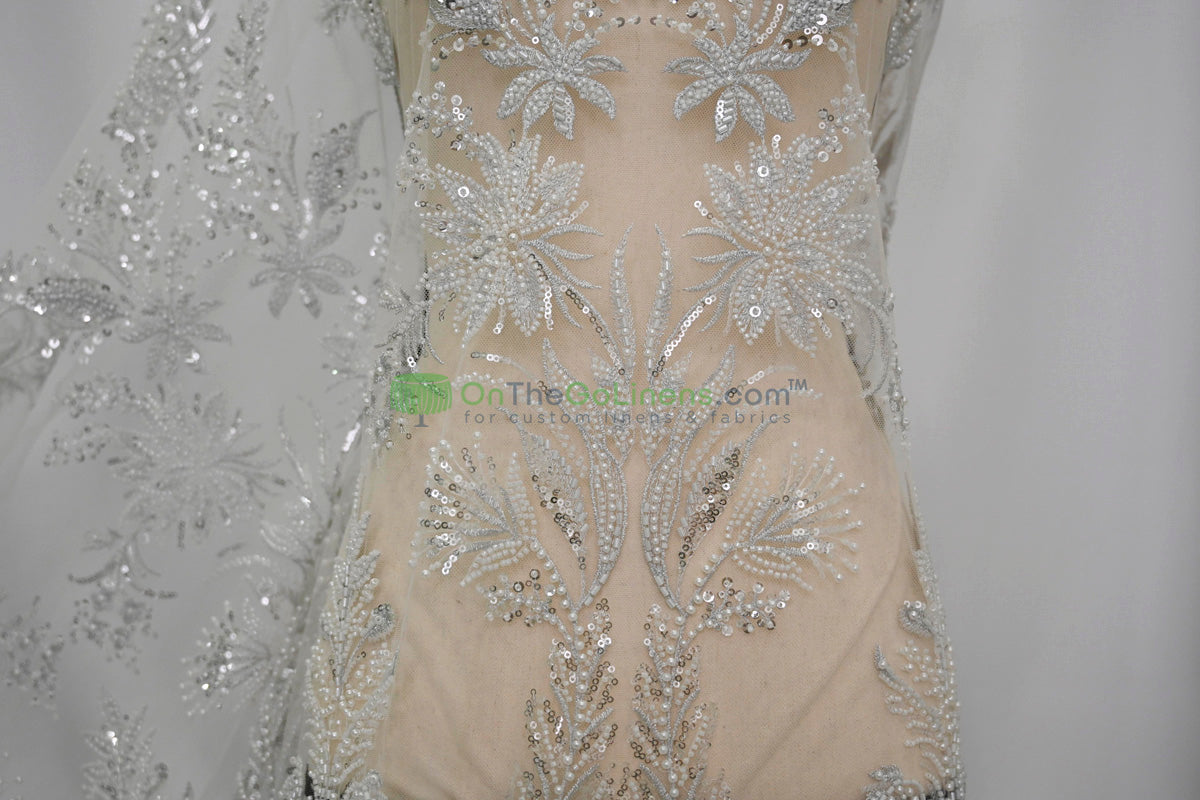 Beaded Lace Design 8489 | French Mesh Embroidery | Wedding White | 54" Wide | Bridal Fabric