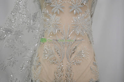 Beaded Lace Design 8489 | French Mesh Embroidery | Wedding White | 54" Wide | Bridal Fabric