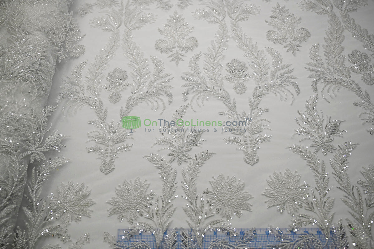 Beaded Lace Design 8489 | French Mesh Embroidery | Wedding White | 54" Wide | Bridal Fabric