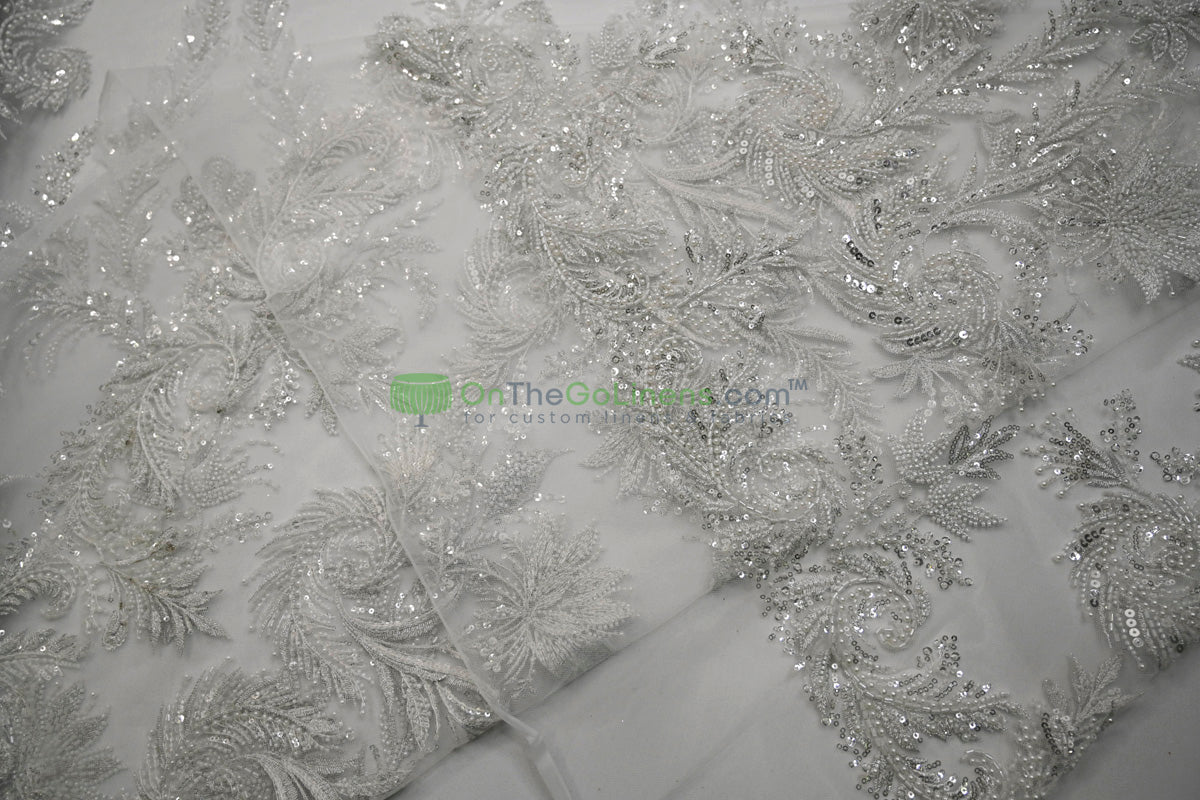 Beaded Lace Design 8489 | French Mesh Embroidery | Wedding White | 54" Wide | Bridal Fabric