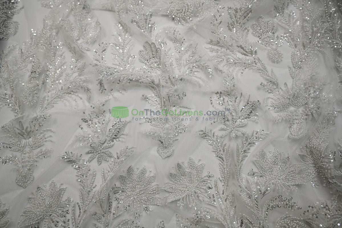 Beaded Lace Design 8489 | French Mesh Embroidery | Wedding White | 54" Wide | Bridal Fabric