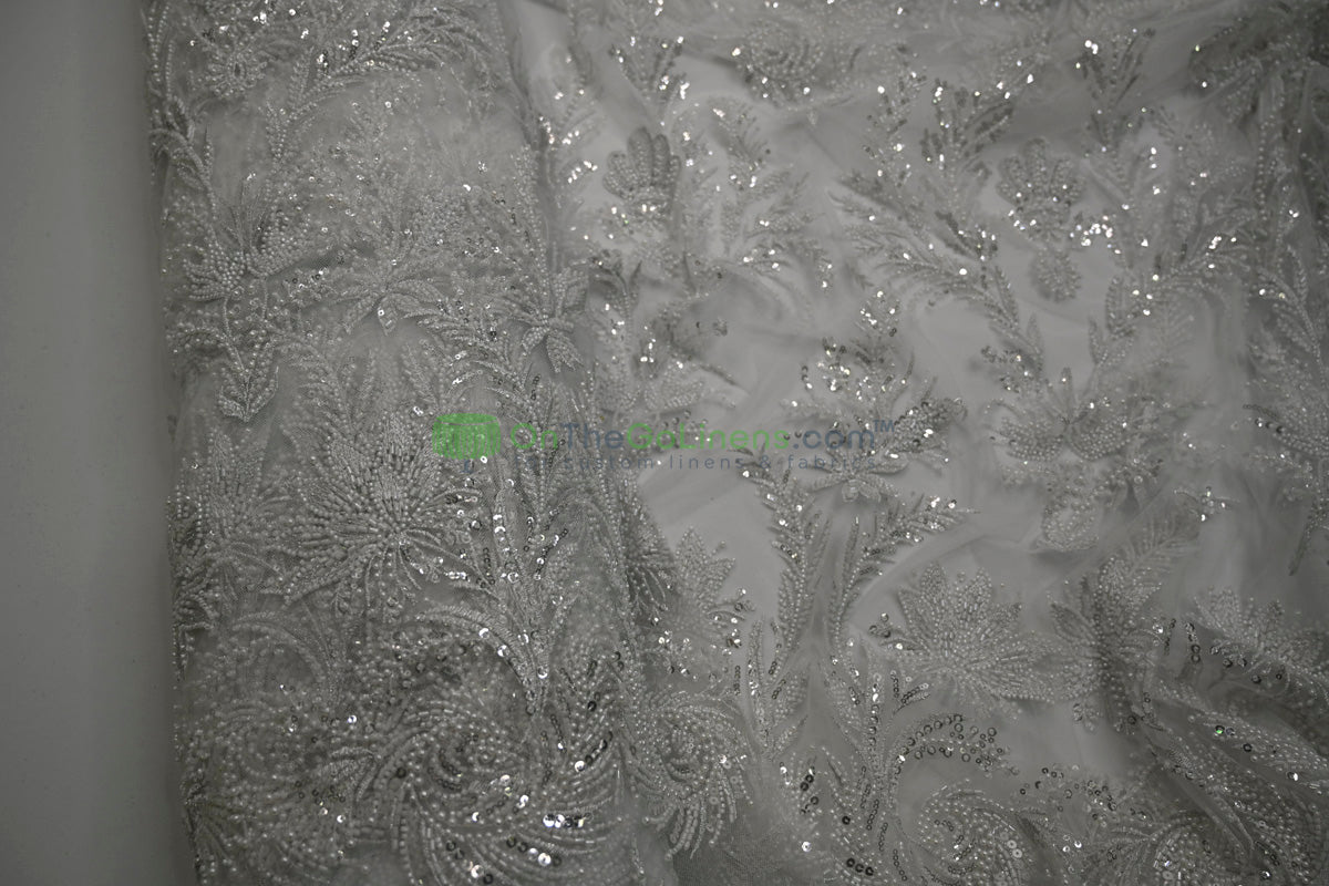 Beaded Lace Design 8489 | French Mesh Embroidery | Wedding White | 54" Wide | Bridal Fabric