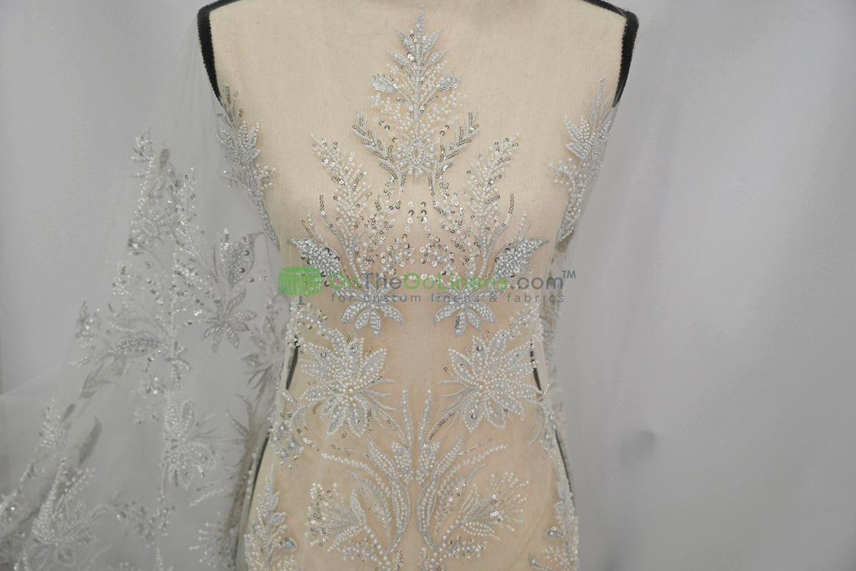 Beaded Lace Design 8489 | French Mesh Embroidery | Wedding White | 54" Wide | Bridal Fabric