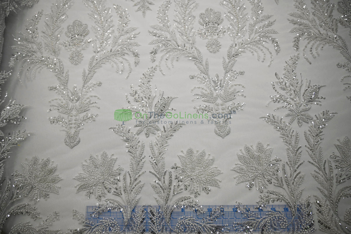 Beaded Lace Design 8489 | French Mesh Embroidery | Wedding White | 54" Wide | Bridal Fabric
