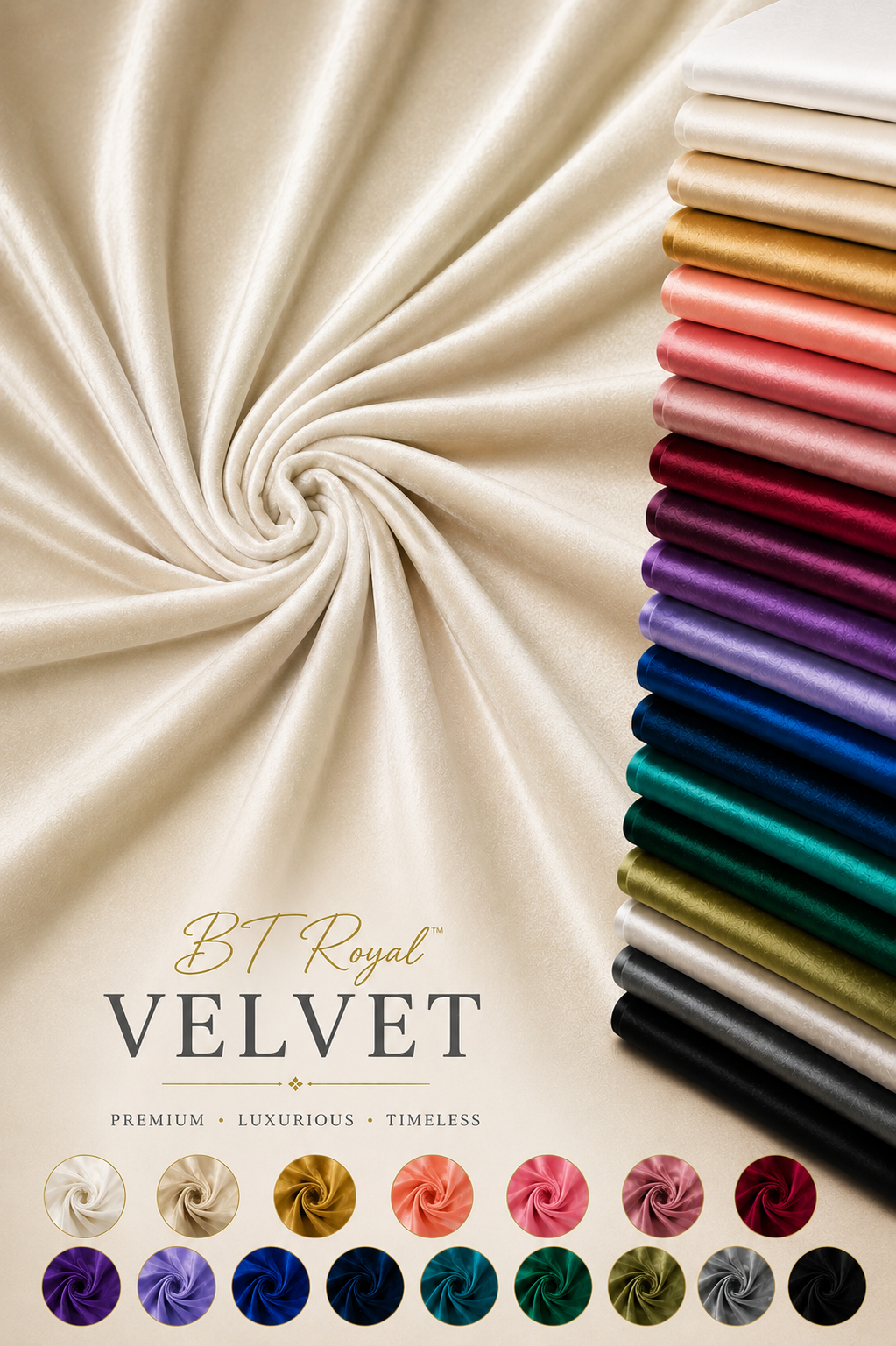 A promotional fabric display for BT Royal Velvet showing a large cream-colored velvet cloth swirled on the left, a stack of rolled velvet fabrics in many colors on the right, and small circular color swatches along the bottom. Text reads 'BT Royal VELVET' with 'PREMIUM • LUXURIOUS • TIMELESS'.