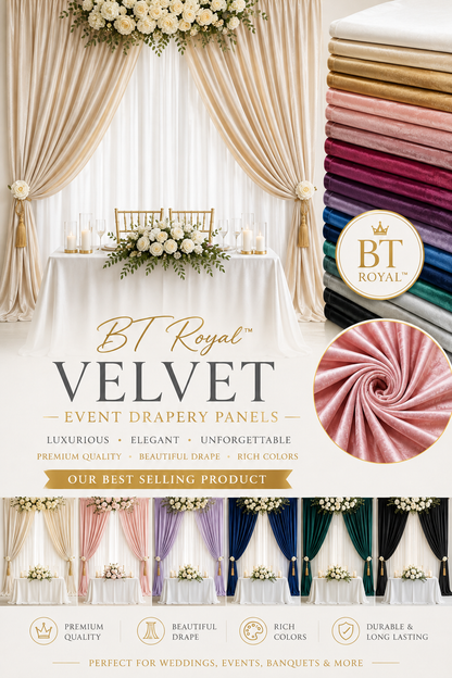 Promotional graphic for BT Royal Velvet event drapery panels, showing a decorated event backdrop with cream drapes, a table with white linens and flowers, a stack of folded drapes in multiple colors on the right, and a circular BT Royal logo. Text highlights luxury, elegant drape, and rich colors.