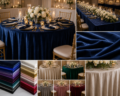 A collage showing navy velvet tablecloths styled in event settings, with close-up fabric texture panels, stacks of folded tablecloths in multiple colors, and additional dining table scenes with floral centerpieces and chairs.