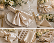 A collage of elegant table setting scenes featuring cream satin napkins styled in multiple ways: tied with a gold napkin ring, folded into a triangle, tied in a bow, and stacked on plates. The settings include white plates, gold cutlery, clear glassware, and floral arrangements with lit candles.