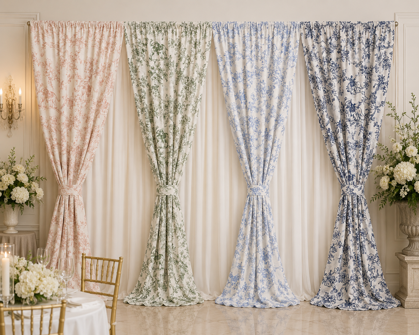Four elegant floral curtains in soft pastel shades of pink, sage green, light blue, and navy blue, hung in a row on a gold rod against a cream background with decorative floral arrangements and a dining table.