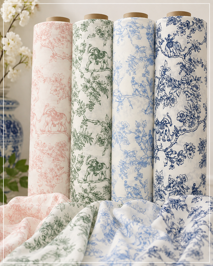 Four fabric rolls with wooden cores stand upright, each printed with a classic toile pattern in a different color: soft pink, sage green, light blue, and dark navy blue. A matching folded fabric is draped in the foreground.