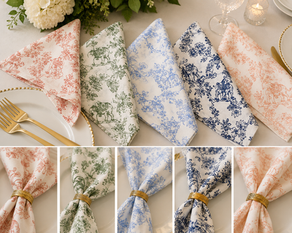 Six folded fabric napkins with floral toile patterns are displayed on a table setting, shown in coral pink, sage green, light blue, navy blue, and peach. The top row shows the napkins styled with gold-toned flatware and a candle, while the bottom row is a vertical strip of close-up detail views of each napkin's fabric pattern and texture.