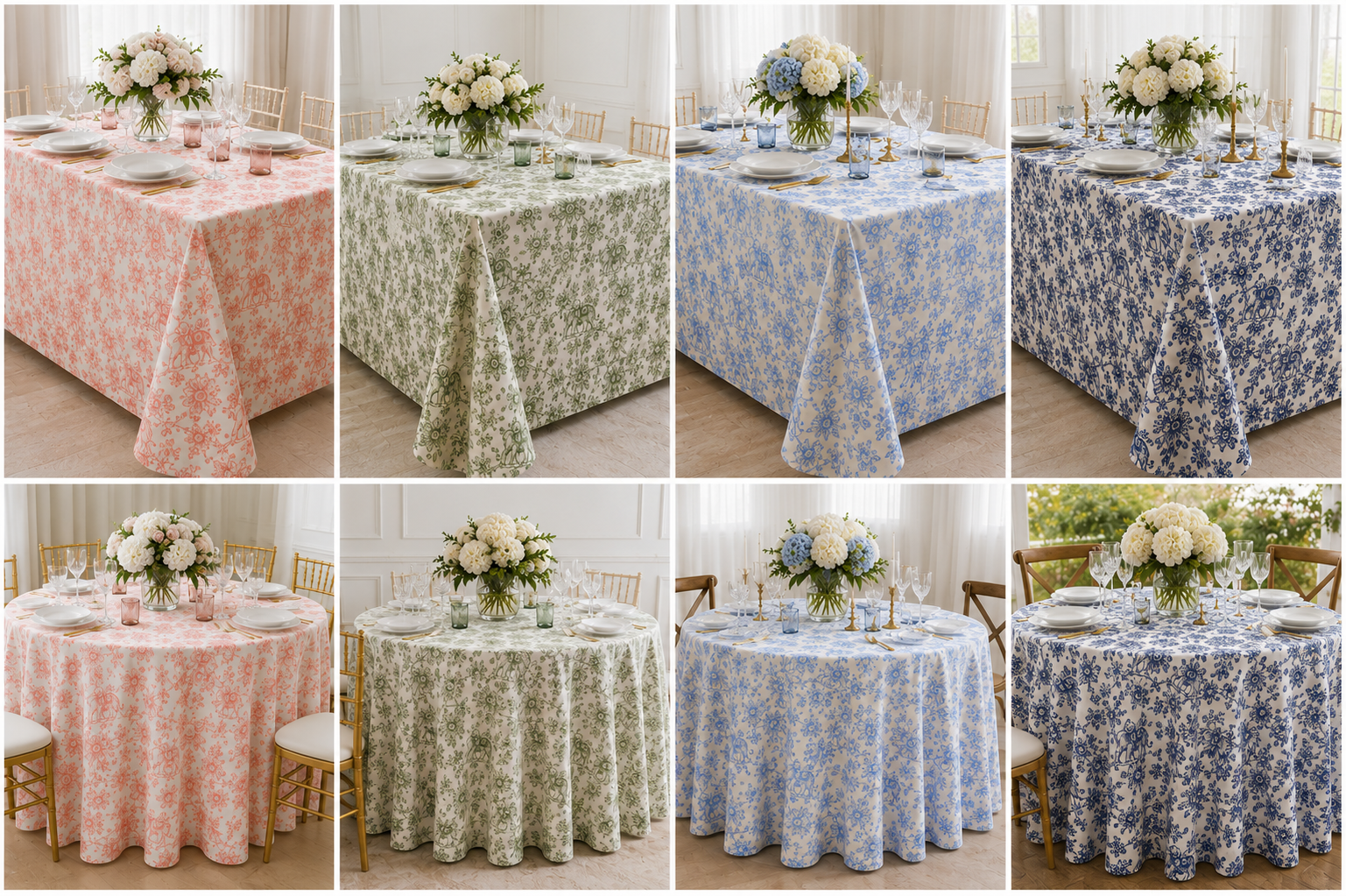 A 2x3 collage showing six round dining tables draped in floral tablecloths. The top row shows the tablecloths laid out on rectangular tables, while the bottom row shows them styled on round tables with chairs, glassware, and white floral centerpieces.