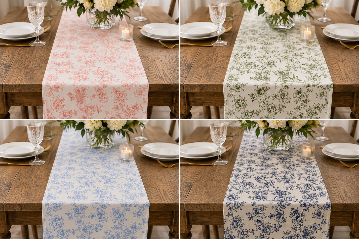 Four-panel collage showing floral table runners draped over a wooden dining table in a real setting, with plates, wine glasses, candles, and flowers visible. The runners have pink, green, blue, and navy floral patterns on white backgrounds.