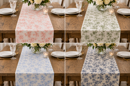 Four-panel collage showing floral table runners draped over a wooden dining table in a real setting, with plates, wine glasses, candles, and flowers visible. The runners have pink, green, blue, and navy floral patterns on white backgrounds.