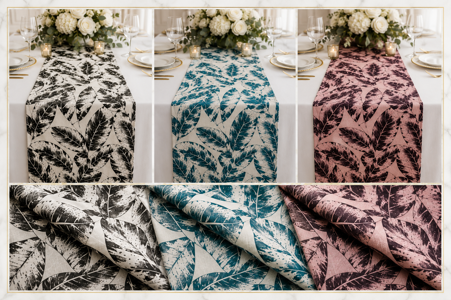 Three table runners with a tropical leaf pattern are shown in a collage: one black on cream, one teal-blue on cream, and one dark plum on dusty pink. The top row shows the runners styled on a table with floral arrangements and place settings, while the bottom row shows close-up fabric folds of the same patterns.