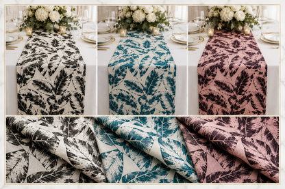 Three table runners with a tropical leaf pattern are shown in a collage: one black on cream, one teal-blue on cream, and one dark plum on dusty pink. The top row shows the runners styled on a table with floral arrangements and place settings, while the bottom row shows close-up fabric folds of the same patterns.