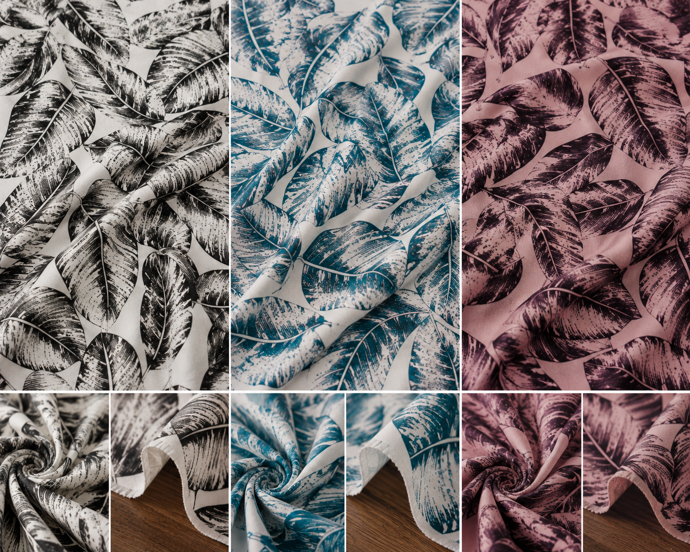 A collage showing three different fabric colorways with a tropical leaf pattern: black and white, blue and white, and dusty pink and dark purple. The top panels show the fabric laid flat, while the bottom panels show it draped with a wood surface visible underneath.