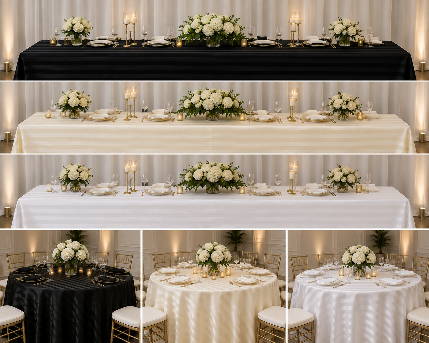 A six-panel collage showing formal event table settings with white and black tablecloths, floral centerpieces, candlesticks, plates, and chairs in indoor event spaces.