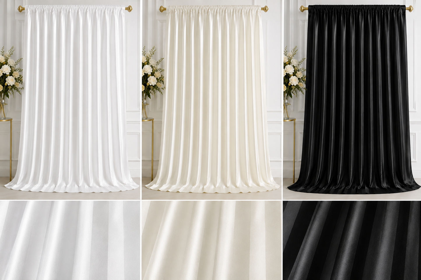 Six-panel collage showing curtain panels in three colorways: white, warm ivory/cream, and black. Each panel shows the curtain hanging from gold-toned rods with a decorative floral arrangement in the background, plus two close-up fabric texture panels at the bottom.