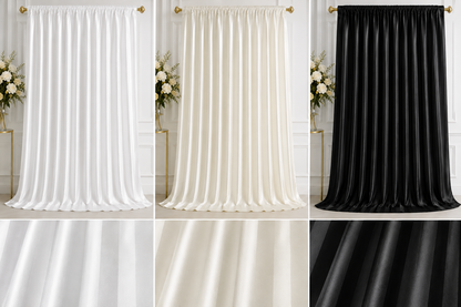 Six-panel collage showing curtain panels in three colorways: white, warm ivory/cream, and black. Each panel shows the curtain hanging from gold-toned rods with a decorative floral arrangement in the background, plus two close-up fabric texture panels at the bottom.