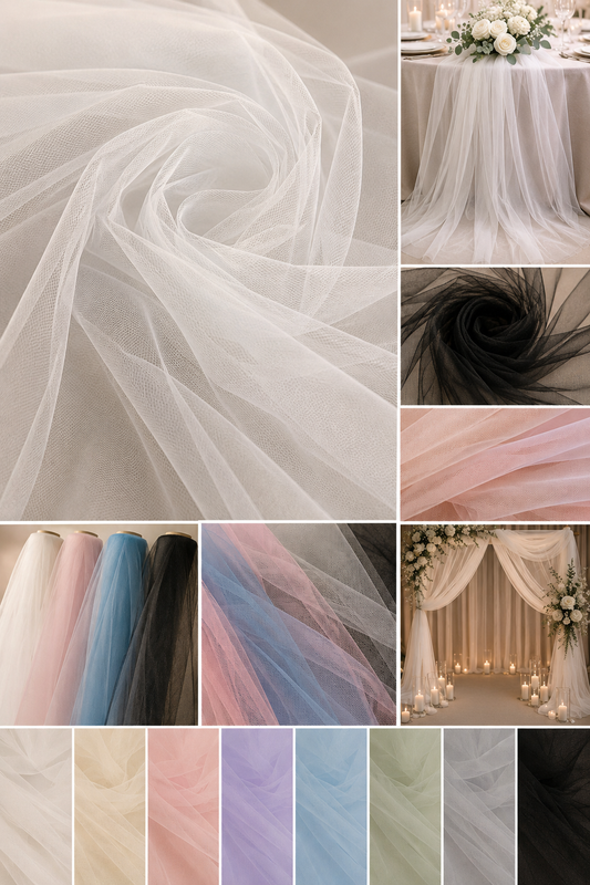 A collage showing tulle fabric in multiple colors and textures, including a large white tulle swirl, a black tulle swirl, pink tulle, pastel blue and lavender tulle, and tulle draped in wedding event settings.