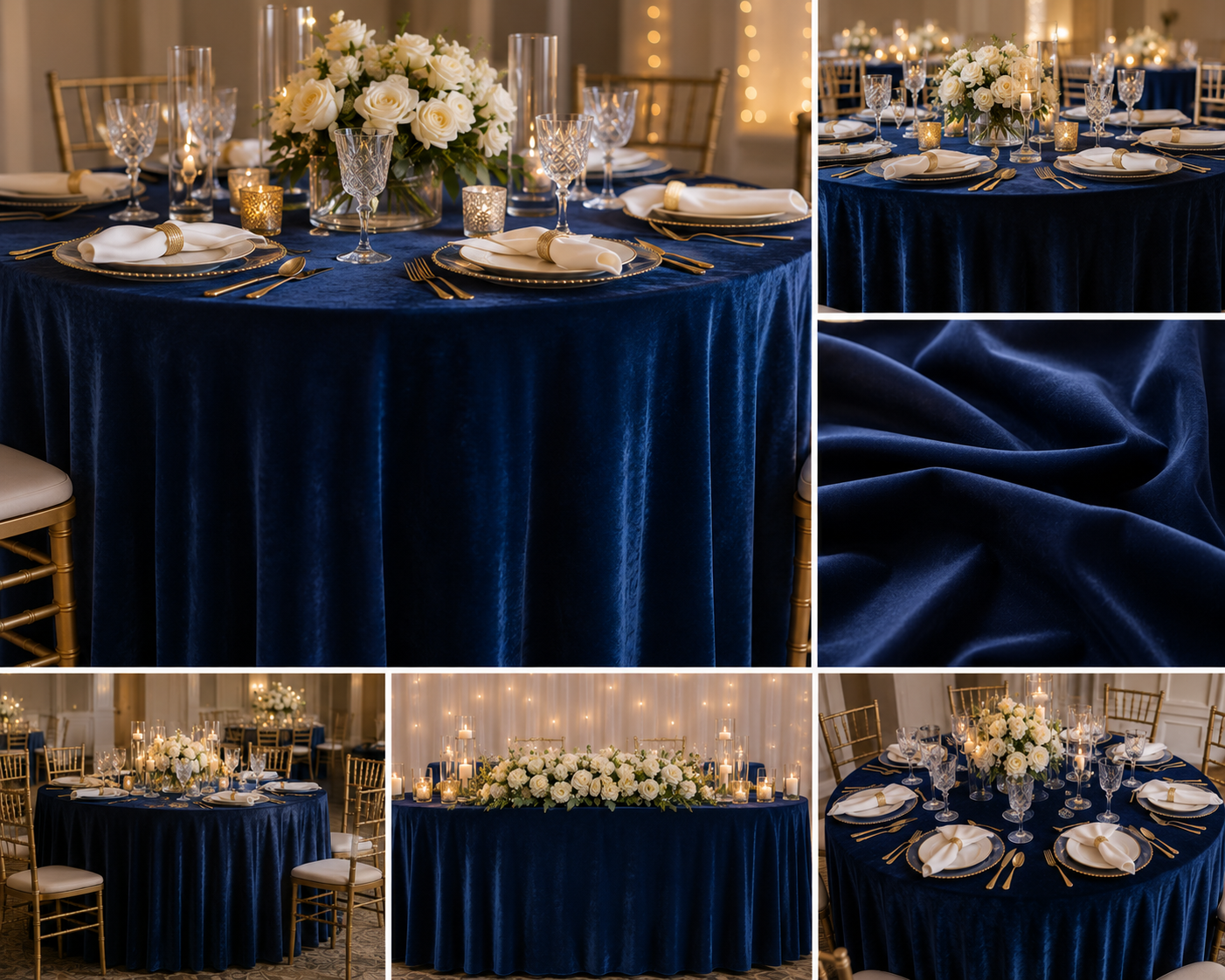 A collage showing a navy blue velvet tablecloth styled on a round event table with white floral centerpieces, gold chairs, and place settings. One inset shows a close-up of the rich navy fabric texture.