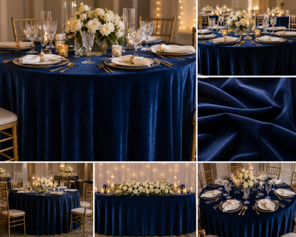 A collage showing a navy blue velvet tablecloth styled on a round event table with white floral centerpieces, gold chairs, and place settings. One inset shows a close-up of the rich navy fabric texture.