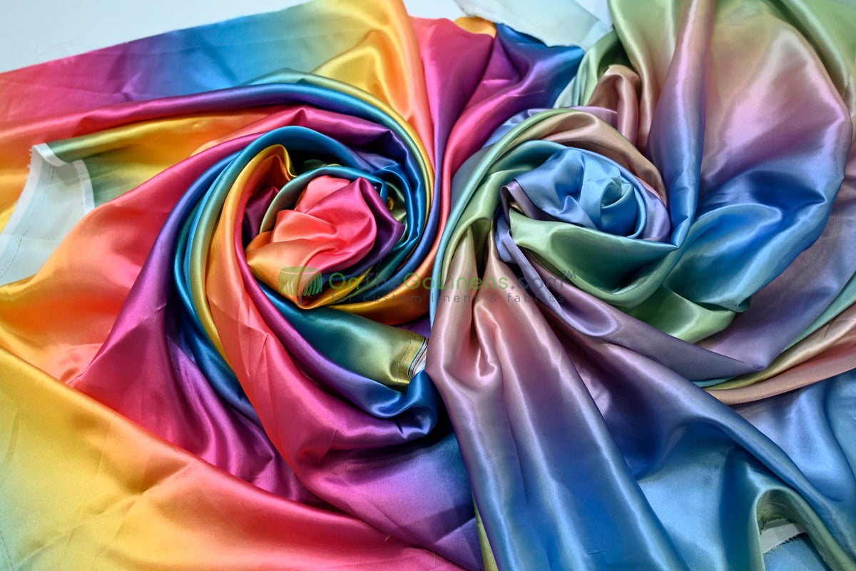 Ombre Satin Fabric | 60" Wide | Rainbow Charmeuse Fabric | Pink Yellow Blue Purple Orange |