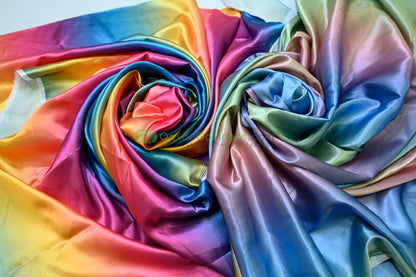 Ombre Satin Fabric | 60" Wide | Rainbow Charmeuse Fabric | Pink Yellow Blue Purple Orange |
