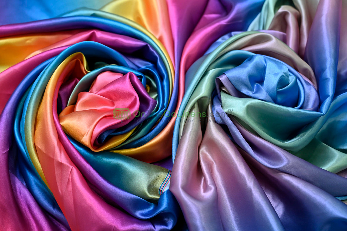 Ombre Satin Fabric | 60" Wide | Rainbow Charmeuse Fabric | Pink Yellow Blue Purple Orange |