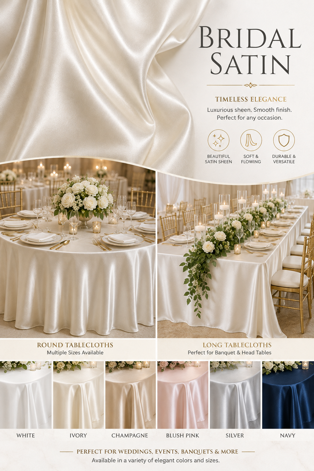 Bridal Satin Tablecloths, Overlays & Table Linens for Weddings and Events