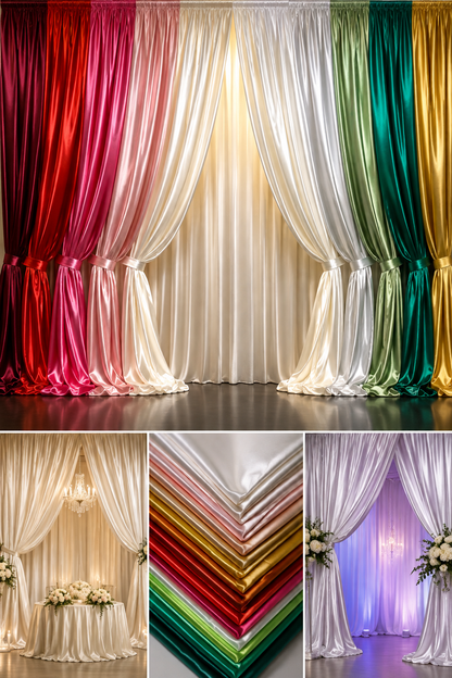 Bridal Satin Event Drapery Panels Custom Made 100% Polyester in Multiple Colors
