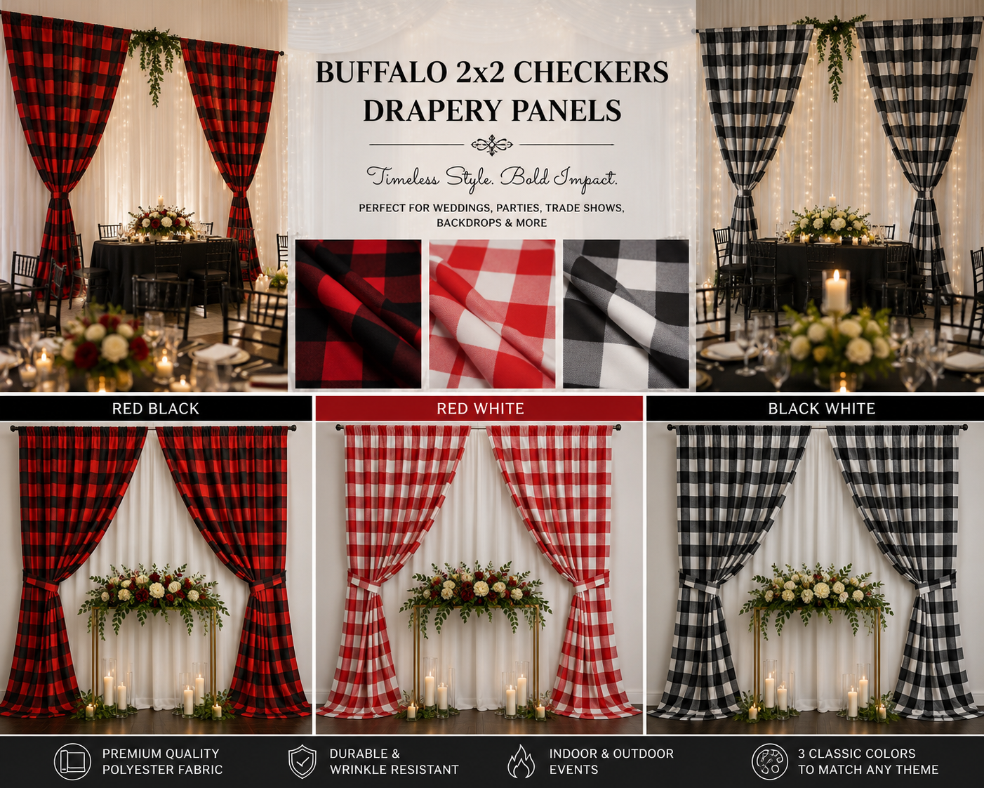Buffalo Plaid Event Drapery Panels 2" Gingham Checker Custom Event Drapes