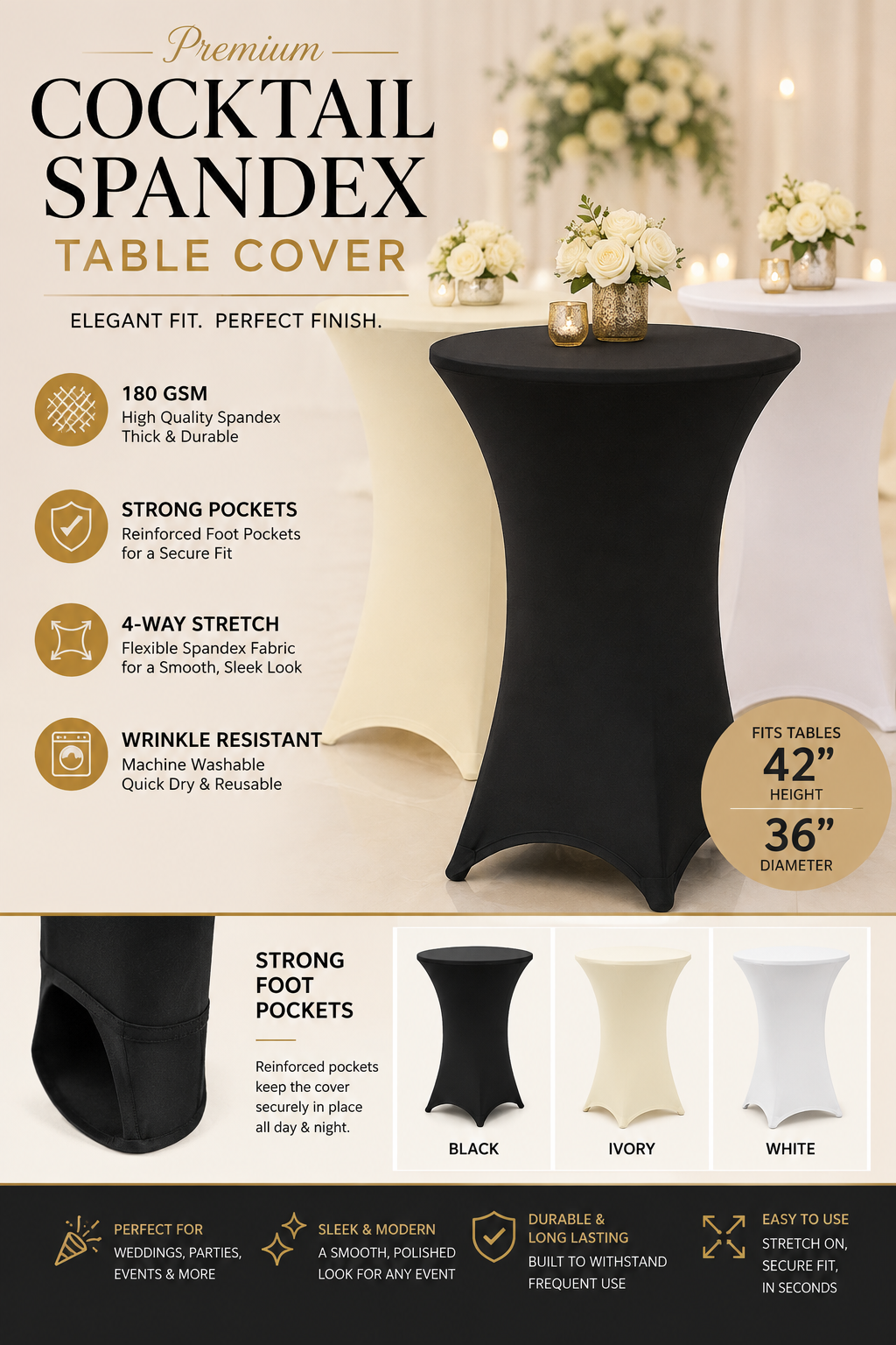 Cocktail Spandex Tablecloth Stretch Fitted Table Cover Ready to Ship