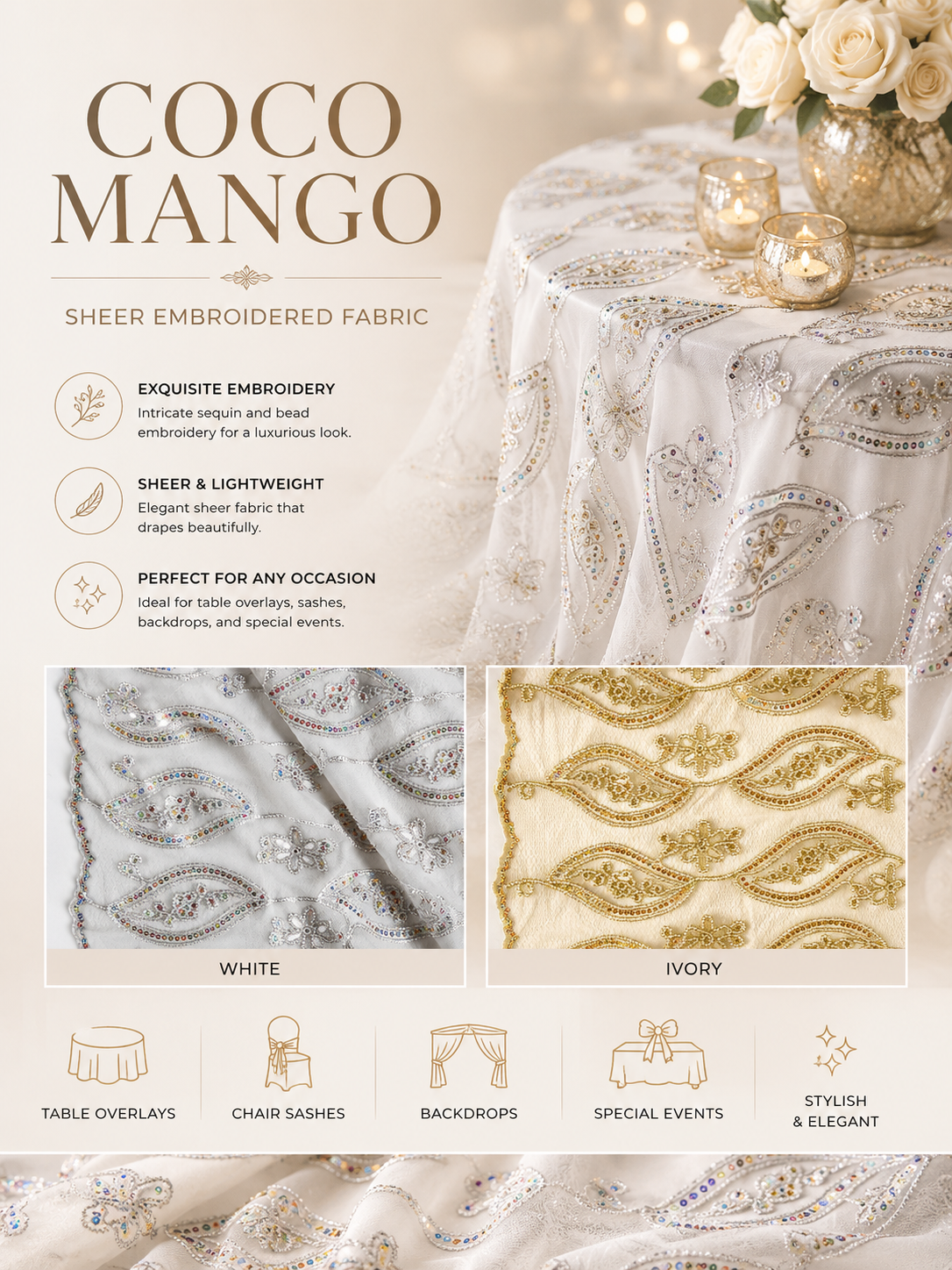 Coco Mango Embroidery Fabric by the Yard Metallic Sheer Gold & Silver