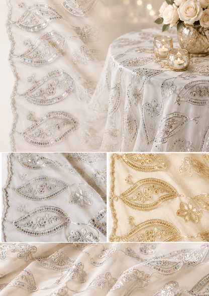 Coco Mango Embroidery Fabric by the Yard Metallic Sheer Gold & Silver