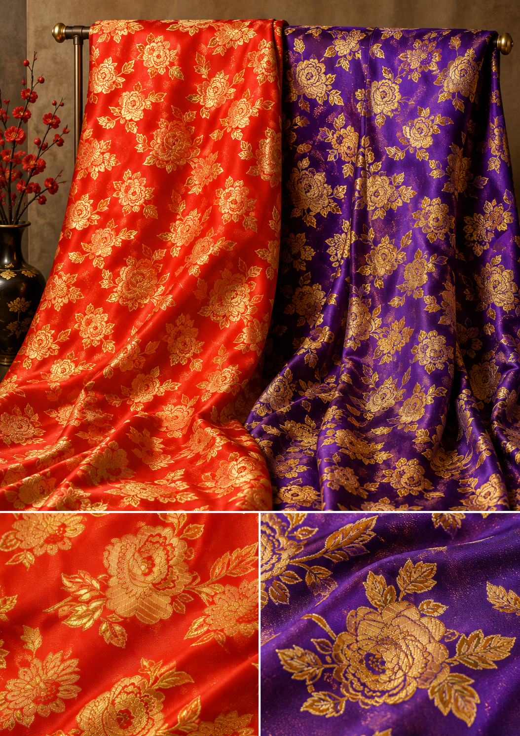 Chinese Brocade Floral Fabric by the Yard 56" Wide Multiple Colors, Pattern B88