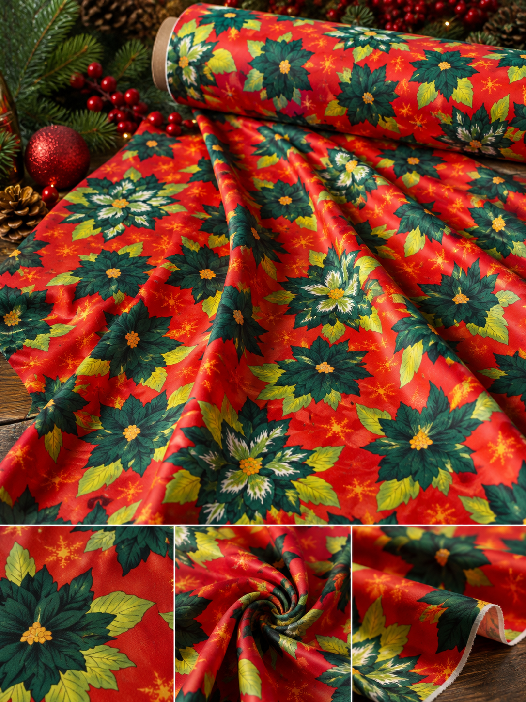 Christmas Poinsettia Fabric by the Yard 60" Wide Polyester Holiday Fabric