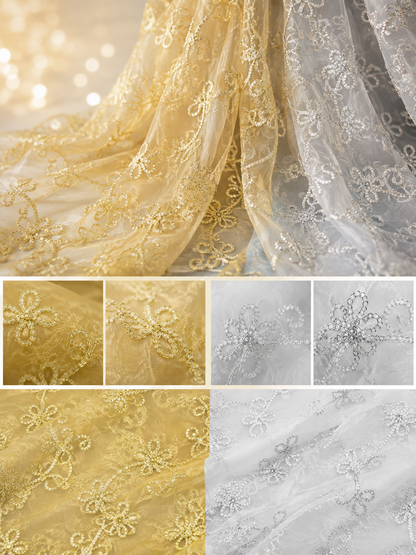 Coco Ribbon Metallic Embroidery Fabric by the Yard in Gold & Silver