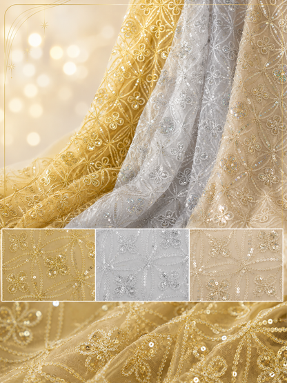 Coco Star Metallic Embroidery Fabric by the Yard Gold, Silver & Champagne
