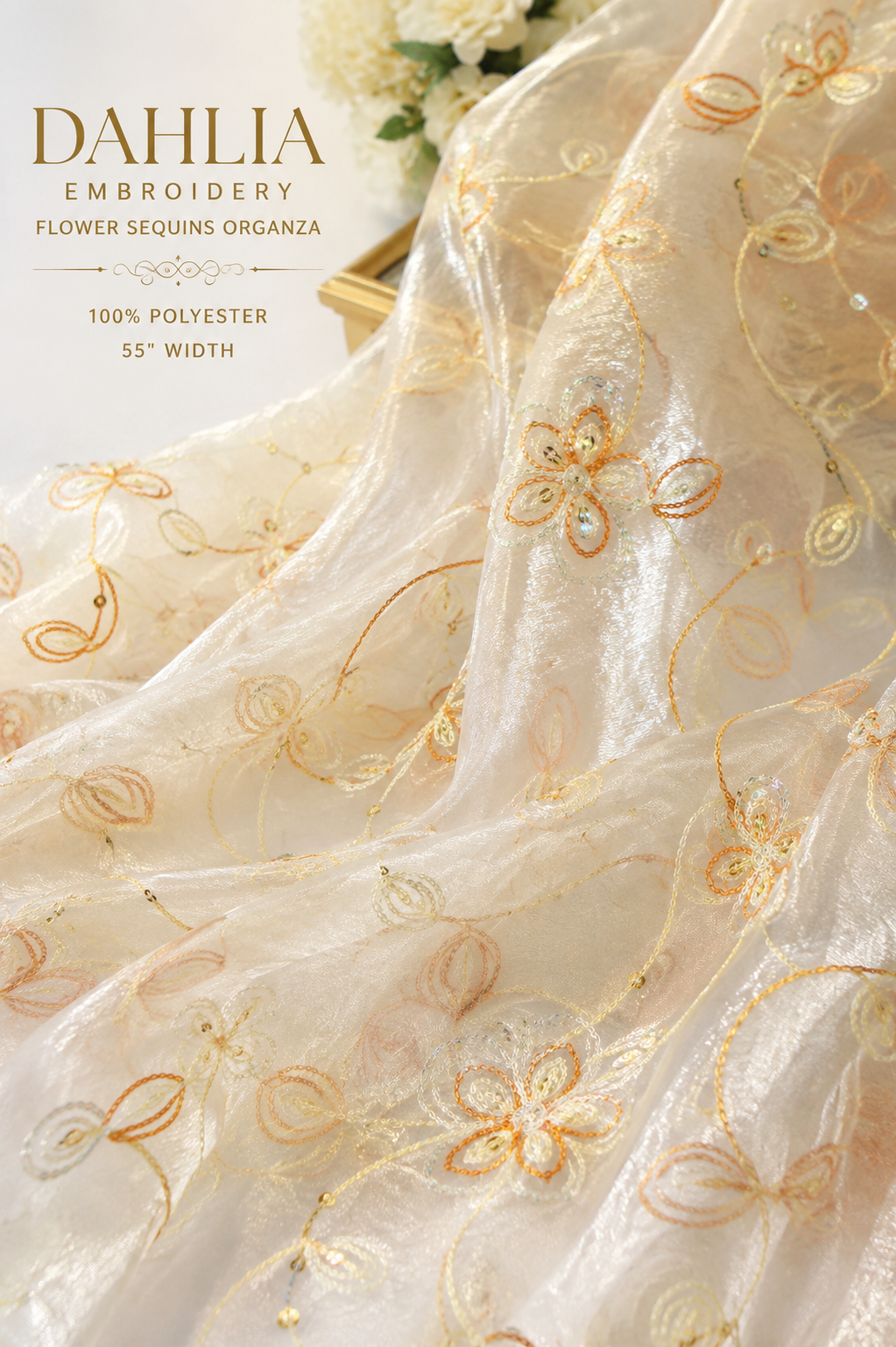 Dahlia Embroidered Organza Fabric by the Yard 54" Wide Multiple Colors