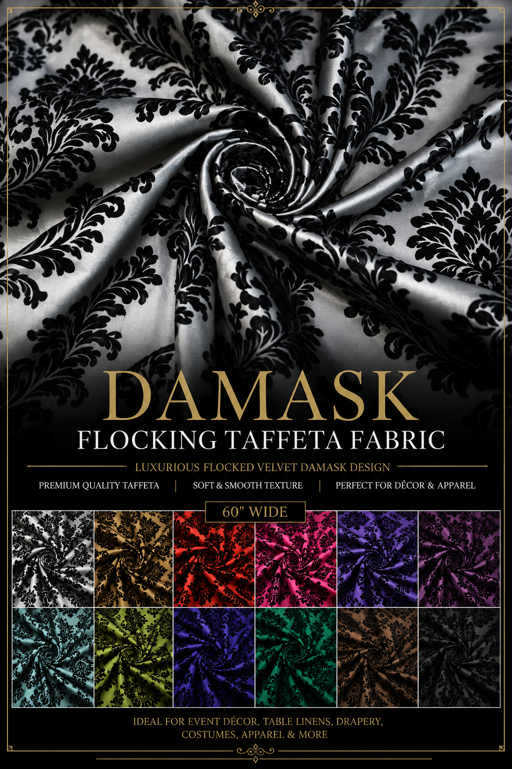Damask Flocking Taffeta Fabric by the Yard 60" Wide Velvet Flocked