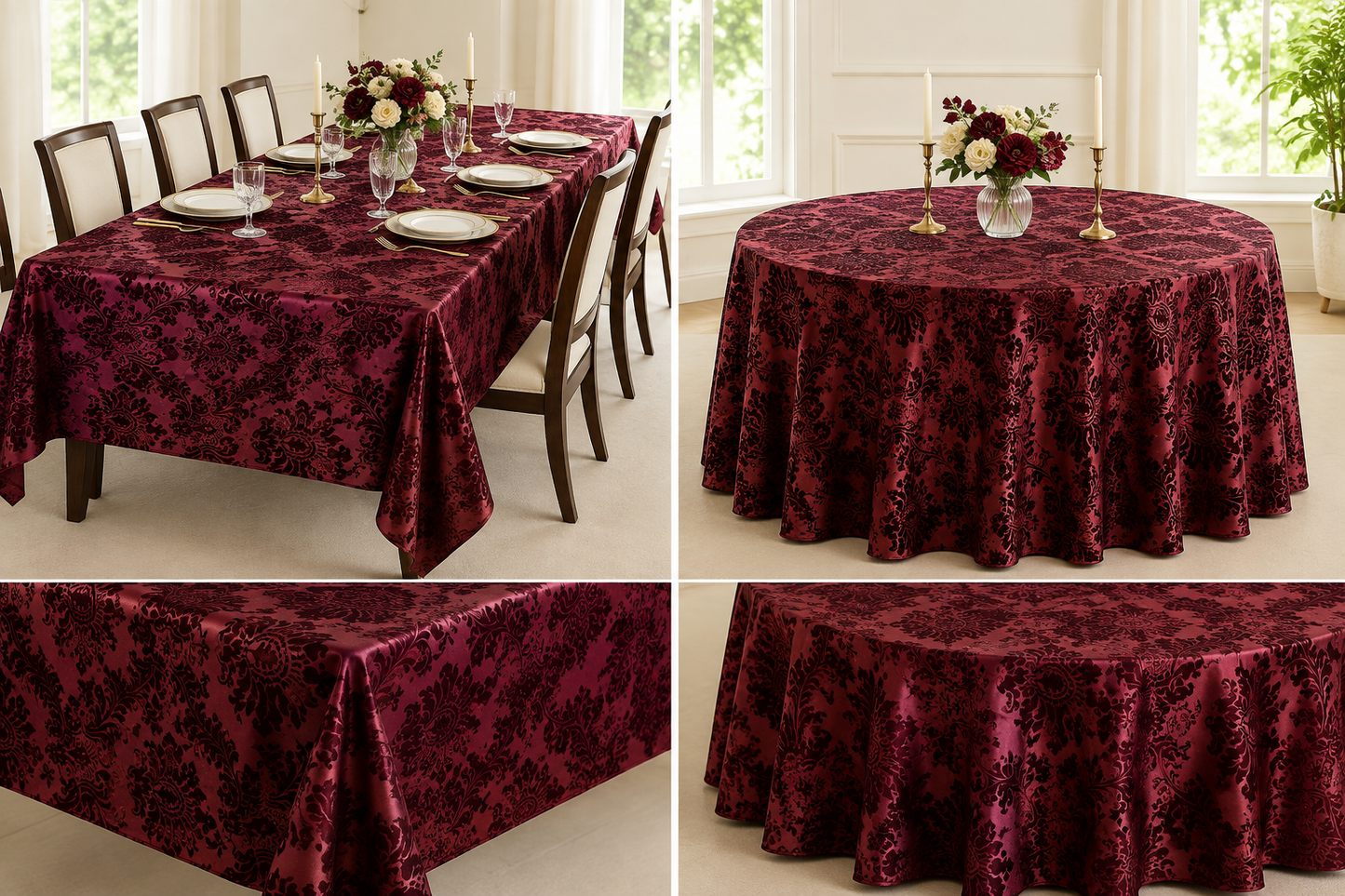 Damask Flocking Taffeta Tablecloths, Overlays & Table Drapes for Events
