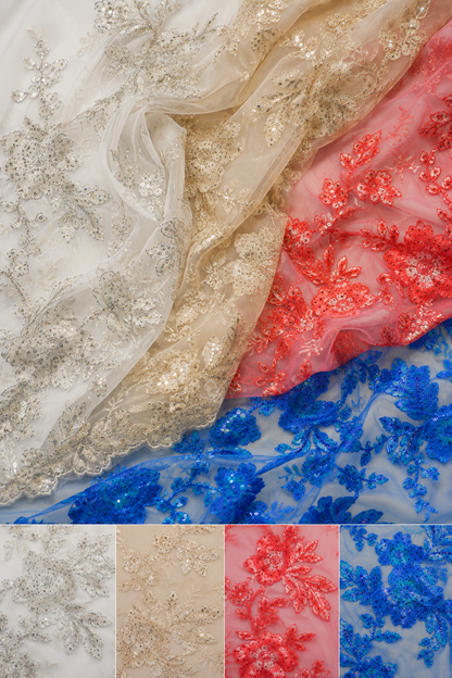 Edith Floral Mesh Embroidery Fabric by the Yard 52" Wide Scallop Edge