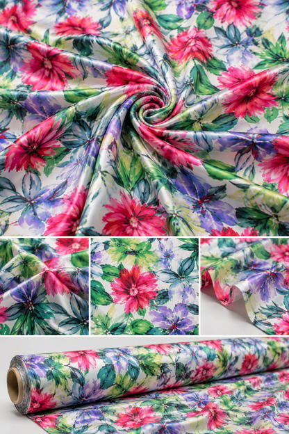 Flower Blossom Floral Satin Fabric by the Yard 60" Wide 100% Polyester
