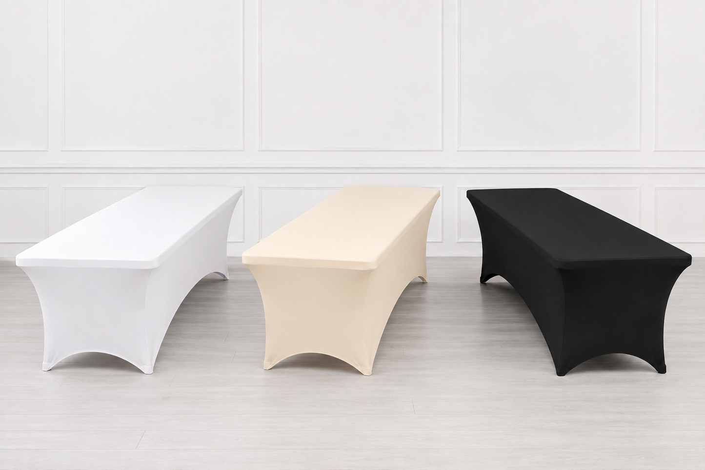 8ft Spandex Tablecloth Ready to Ship in White, Ivory and Black