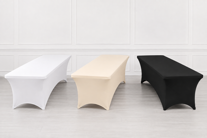 8ft Spandex Tablecloth Ready to Ship in White, Ivory and Black