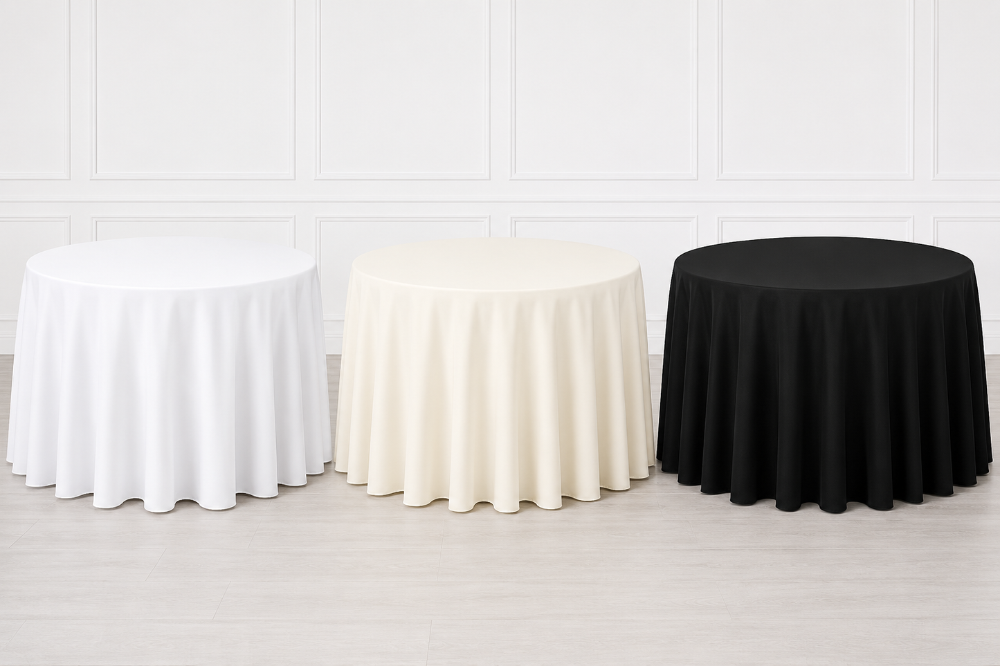 90" Round Polyester Tablecloth Ready to Ship in White, Ivory and Black